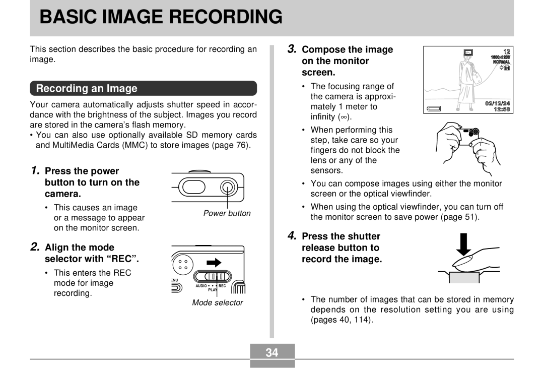 Casio EX-S2/EX-M2 manual Basic Image Recording, Recording an Image 