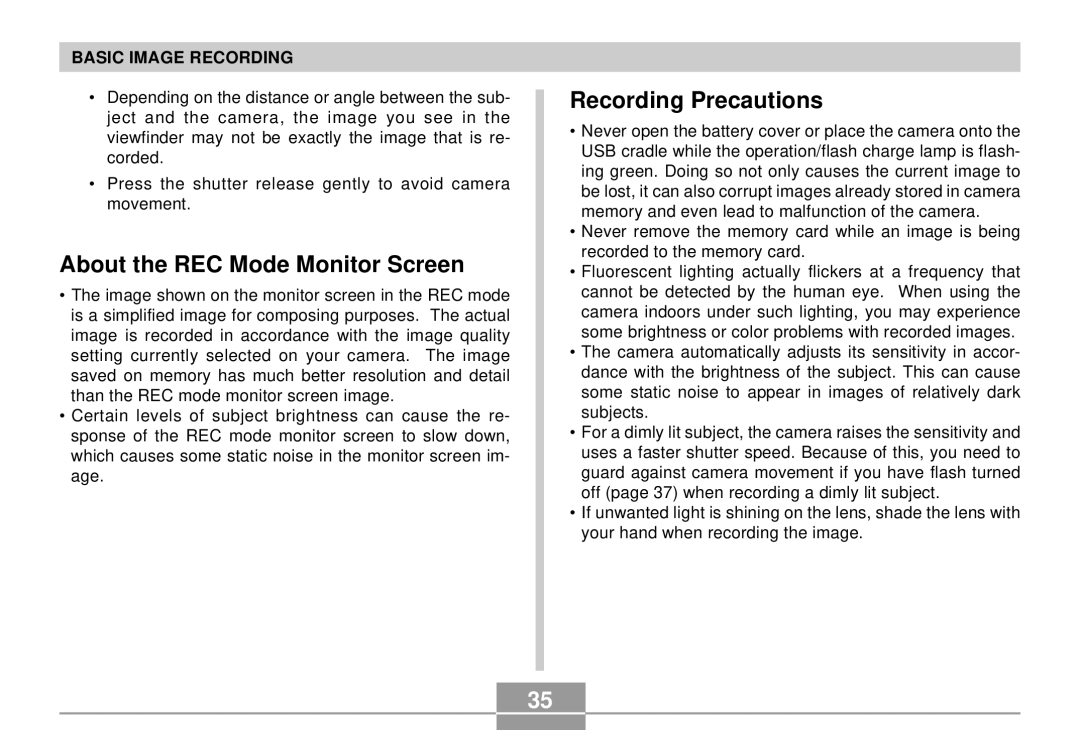 Casio EX-S2/EX-M2 manual About the REC Mode Monitor Screen, Recording Precautions 