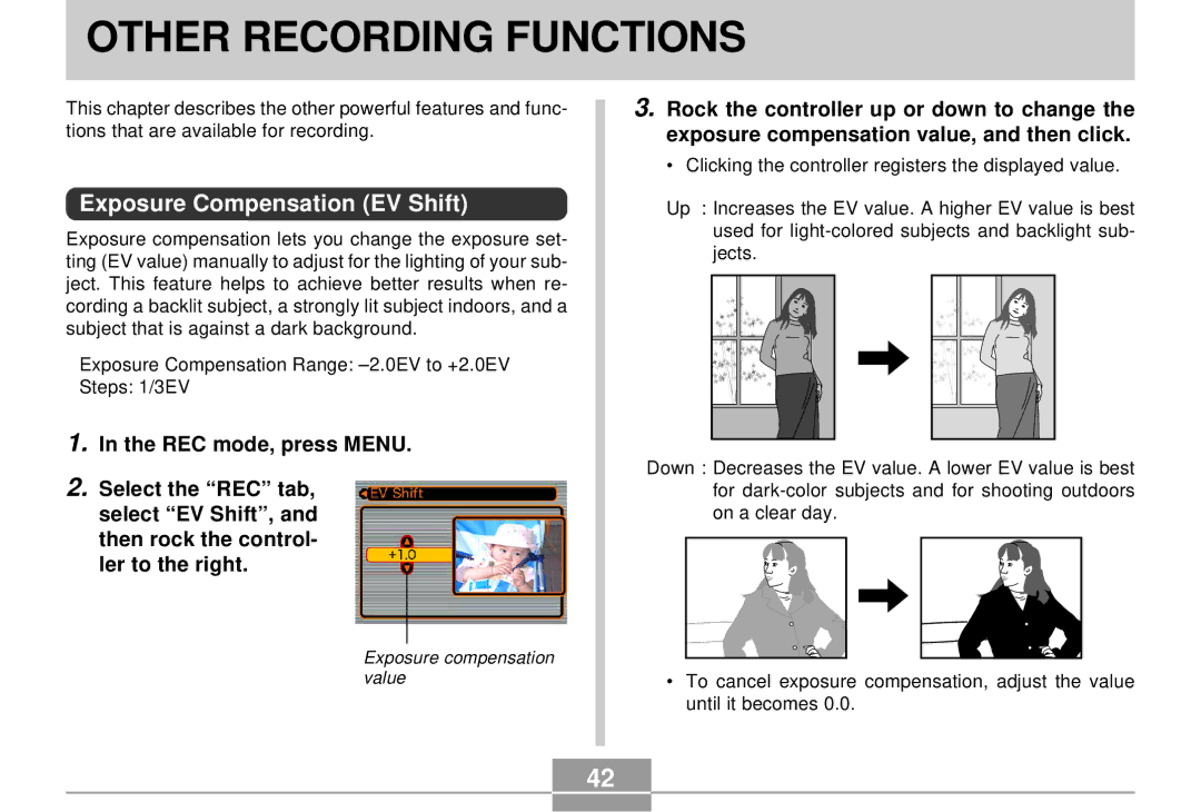 Casio EX-S2/EX-M2 manual Other Recording Functions, Exposure Compensation EV Shift 