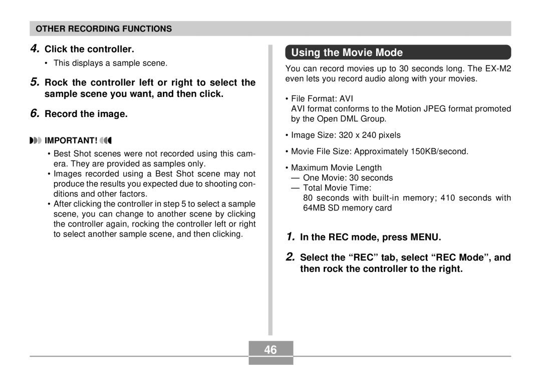 Casio EX-S2/EX-M2 manual Using the Movie Mode 