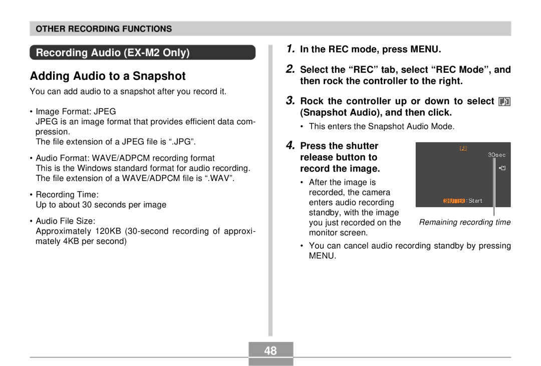 Casio EX-S2/EX-M2 manual Adding Audio to a Snapshot, Recording Audio EX-M2 Only 