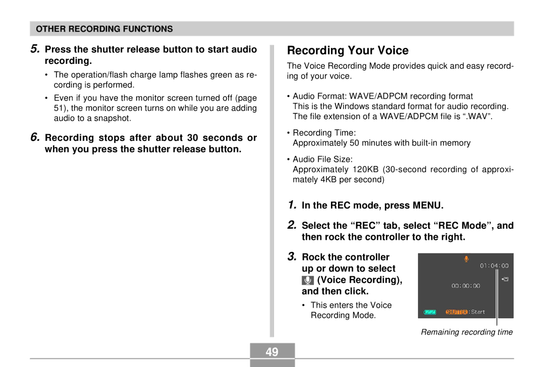 Casio EX-S2/EX-M2 manual Recording Your Voice, Press the shutter release button to start audio recording 