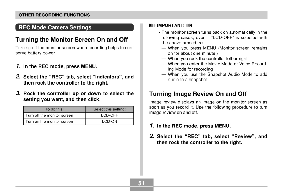 Casio EX-S2/EX-M2 manual Turning the Monitor Screen On and Off, Turning Image Review On and Off, REC Mode Camera Settings 