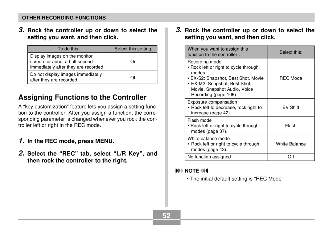 Casio EX-S2/EX-M2 manual Assigning Functions to the Controller 