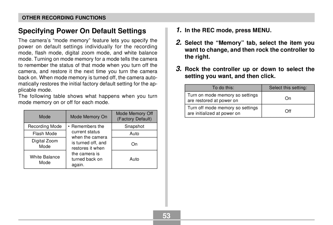 Casio EX-S2/EX-M2 manual Specifying Power On Default Settings 