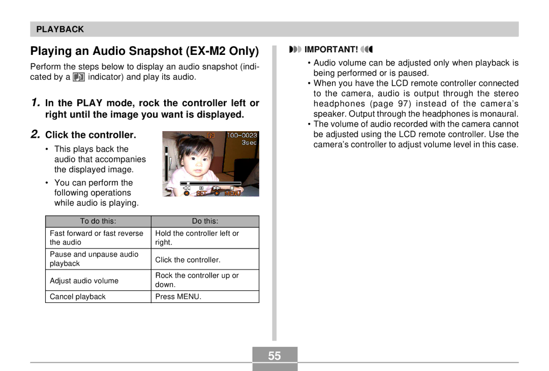 Casio EX-S2/EX-M2 manual Playing an Audio Snapshot EX-M2 Only 