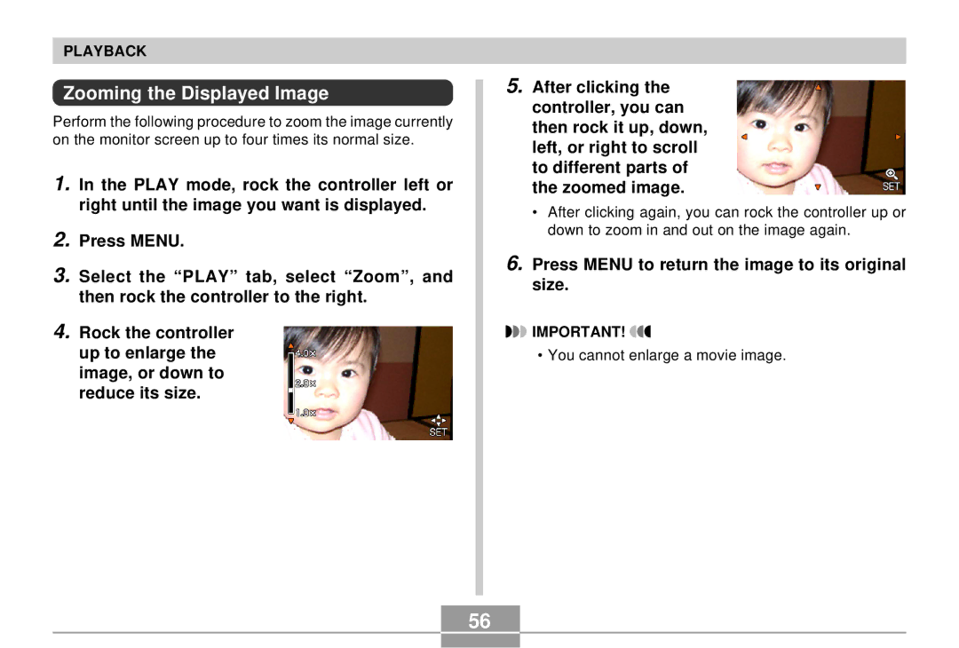 Casio EX-S2/EX-M2 manual Zooming the Displayed Image, Press Menu to return the image to its original size 