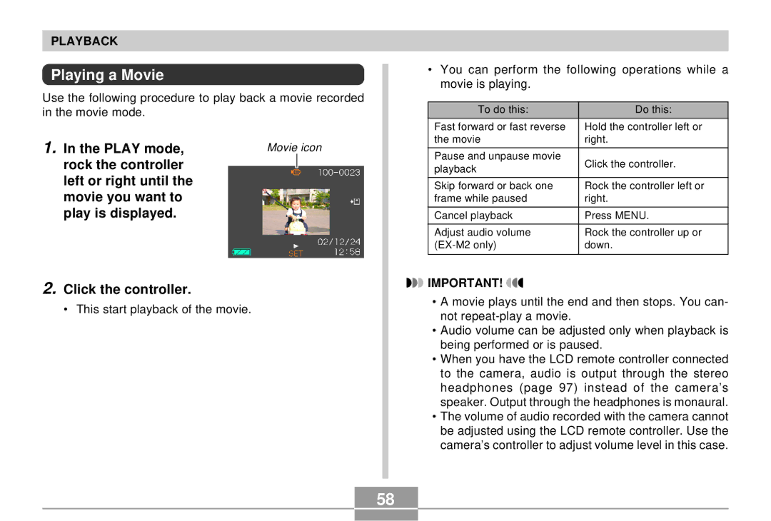 Casio EX-S2/EX-M2 manual Playing a Movie, Play mode 