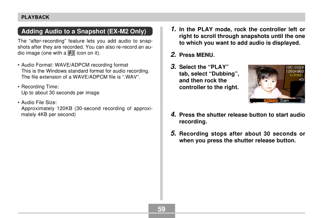 Casio EX-S2/EX-M2 manual Adding Audio to a Snapshot EX-M2 Only 