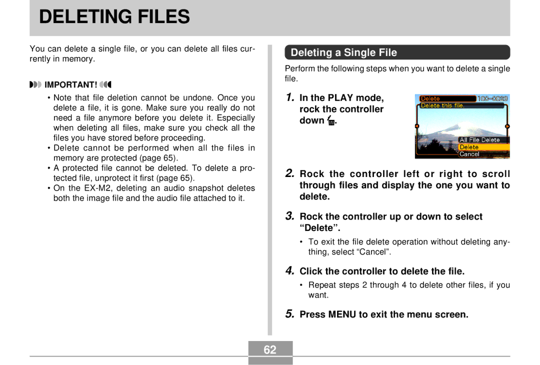 Casio EX-S2/EX-M2 manual Deleting Files, Deleting a Single File, Click the controller to delete the file 