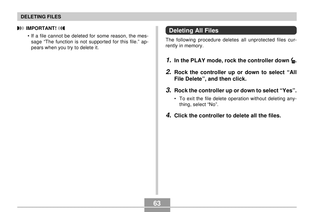 Casio EX-S2/EX-M2 manual Deleting All Files, Click the controller to delete all the files 