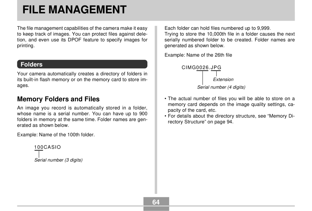 Casio EX-S2/EX-M2 manual File Management, Memory Folders and Files 