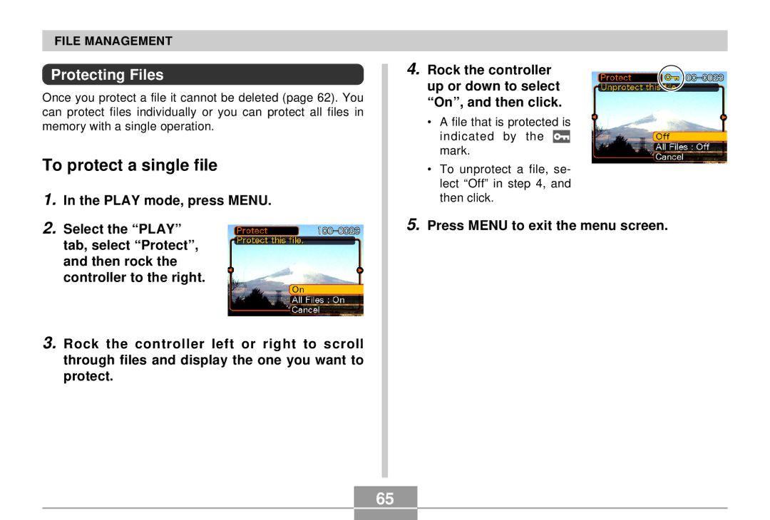 Casio EX-S2/EX-M2 manual To protect a single file, Protecting Files 