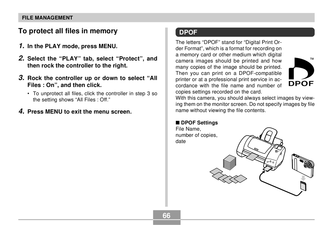 Casio EX-S2/EX-M2 manual To protect all files in memory, Dpof Settings File Name 