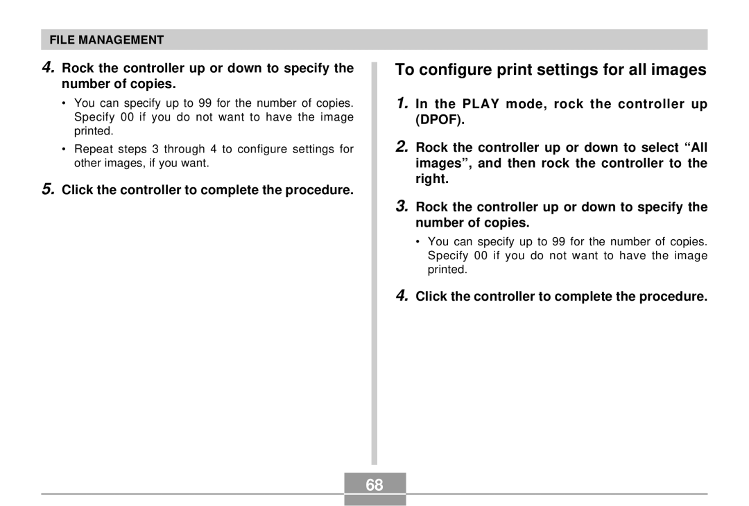 Casio EX-S2/EX-M2 manual To configure print settings for all images, Click the controller to complete the procedure 