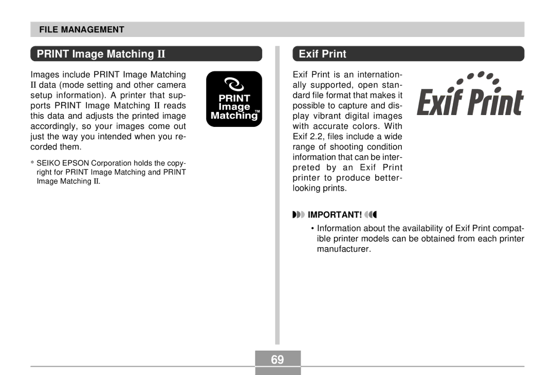 Casio EX-S2/EX-M2 manual Print Image Matching, Exif Print 