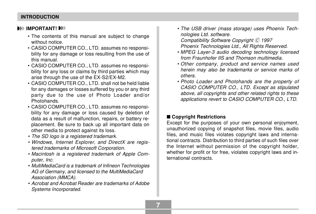 Casio EX-S2/EX-M2 manual Copyright Restrictions 