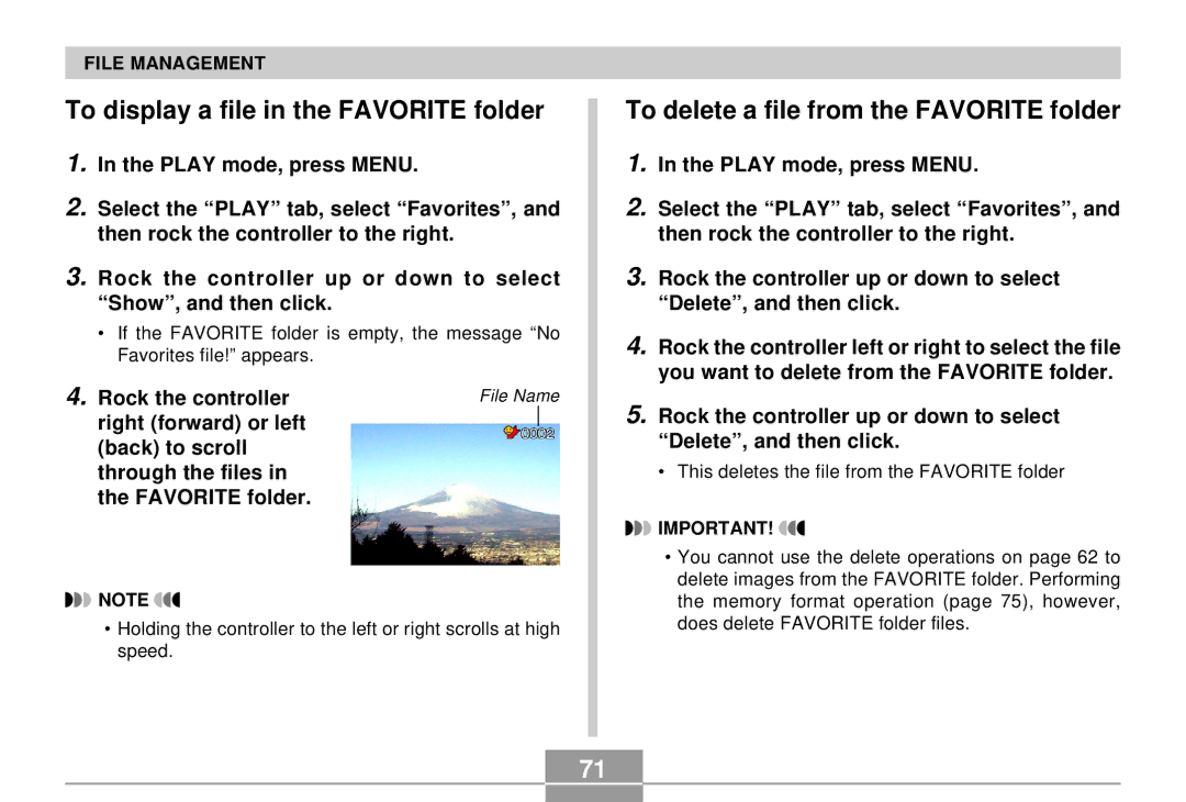 Casio EX-S2/EX-M2 manual To display a file in the Favorite folder, To delete a file from the Favorite folder 