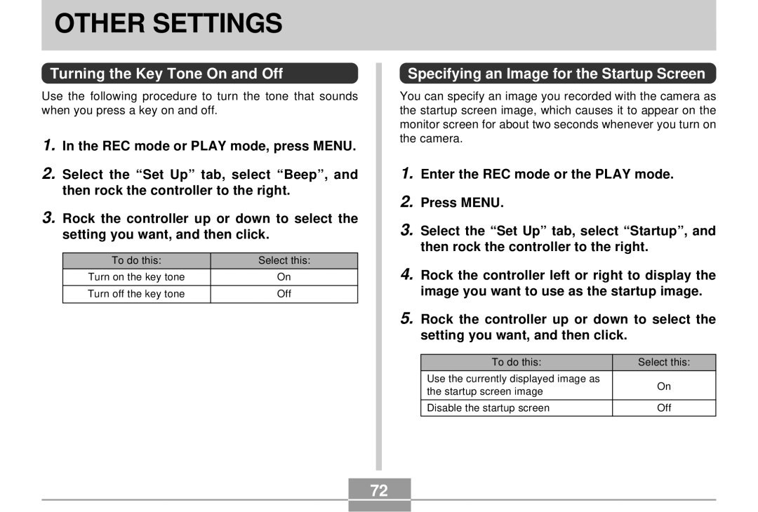 Casio EX-S2/EX-M2 manual Other Settings, Turning the Key Tone On and Off, Specifying an Image for the Startup Screen 