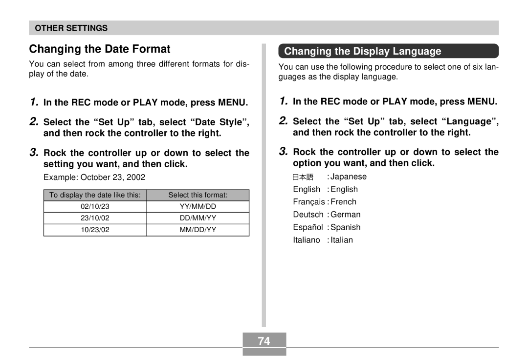 Casio EX-S2/EX-M2 manual Changing the Date Format, Changing the Display Language 