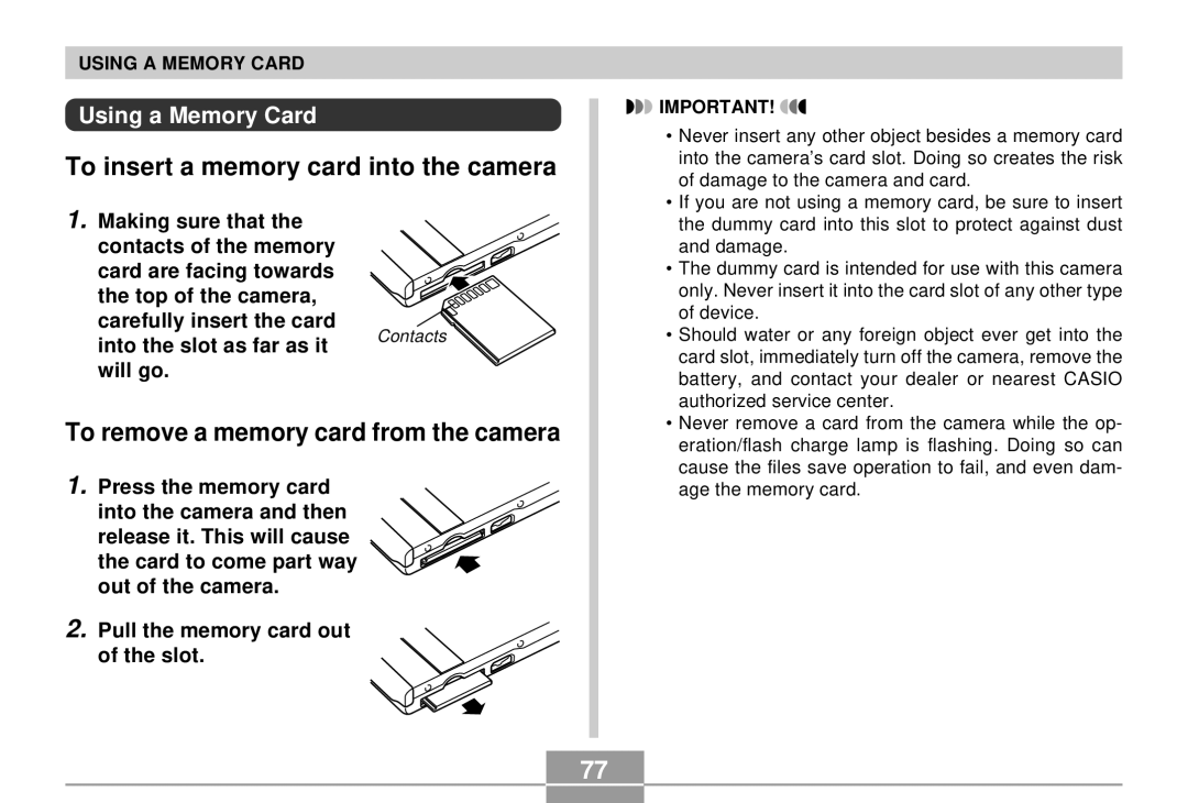 Casio EX-S2/EX-M2 To insert a memory card into the camera, To remove a memory card from the camera, Using a Memory Card 