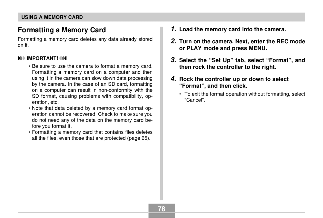 Casio EX-S2/EX-M2 manual Formatting a Memory Card 