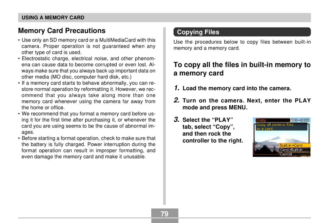 Casio EX-S2/EX-M2 manual Memory Card Precautions, To copy all the files in built-in memory to a memory card, Copying Files 