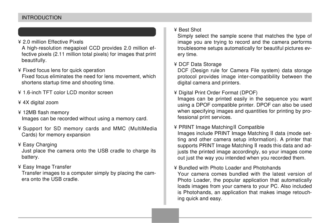 Casio EX-S2/EX-M2 manual Features 