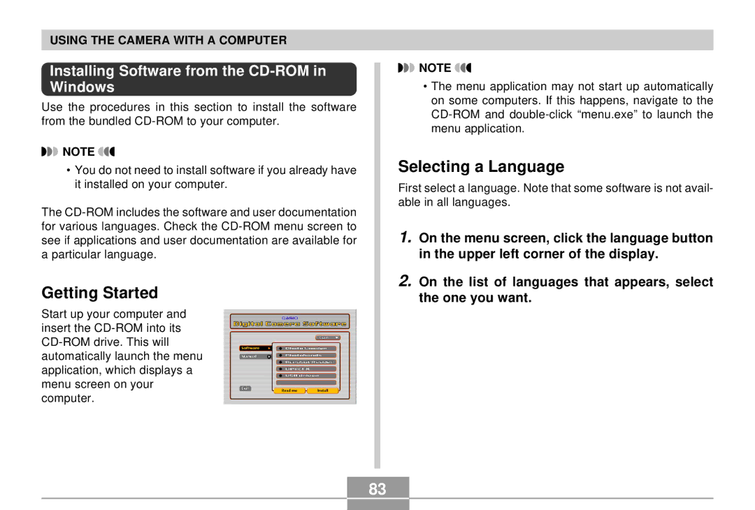 Casio EX-S2/EX-M2 manual Getting Started, Selecting a Language, Installing Software from the CD-ROM in Windows 