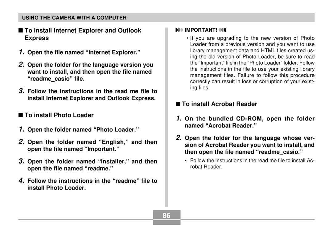 Casio EX-S2/EX-M2 To install Internet Explorer and Outlook Express, To install Photo Loader, To install Acrobat Reader 