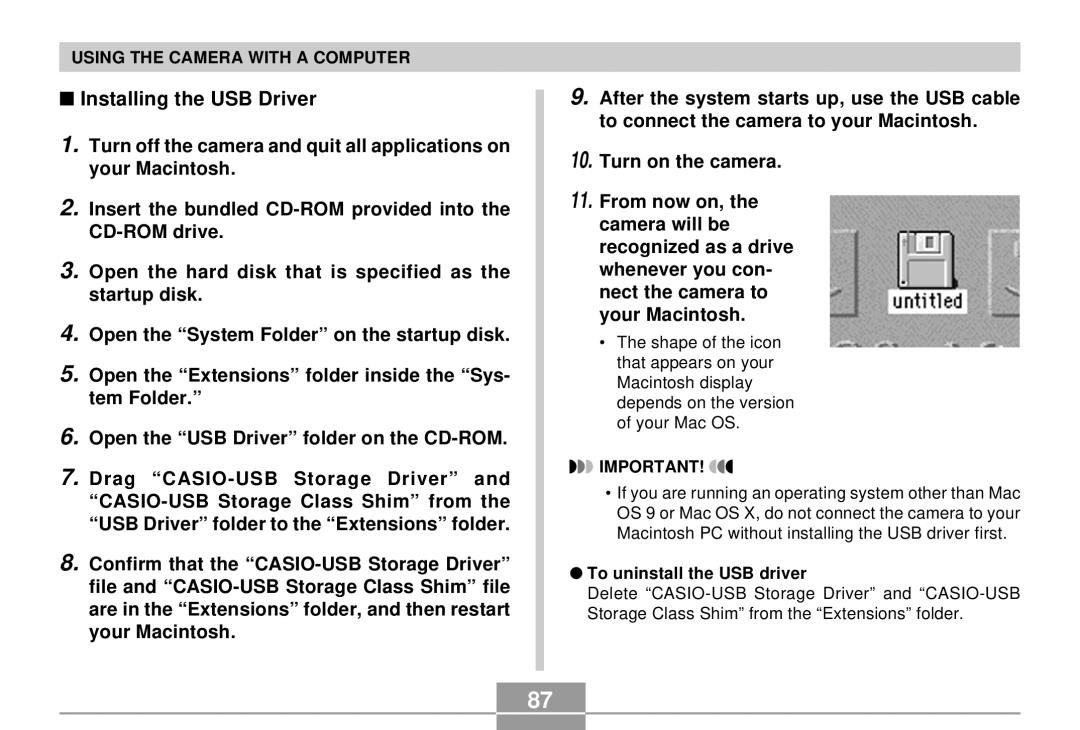 Casio EX-S2/EX-M2 manual Installing the USB Driver, To uninstall the USB driver 