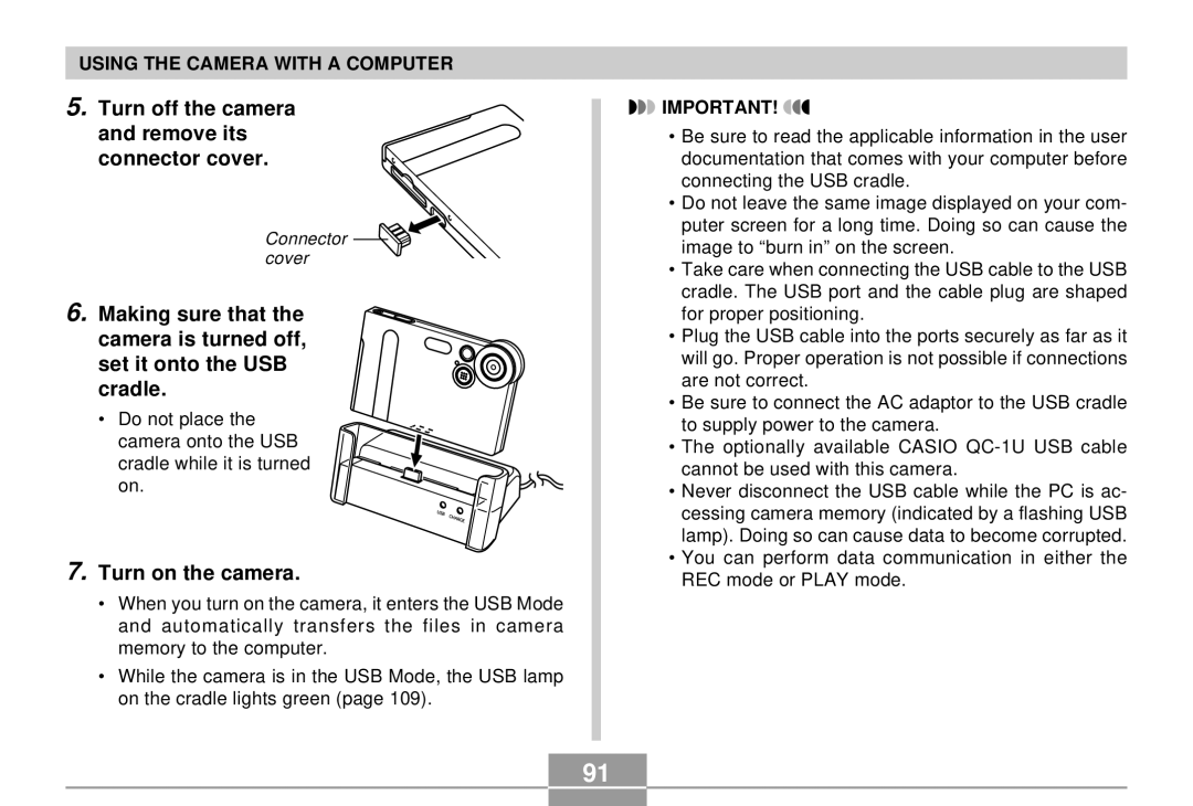 Casio EX-S2/EX-M2 manual Turn off the camera and remove its connector cover 