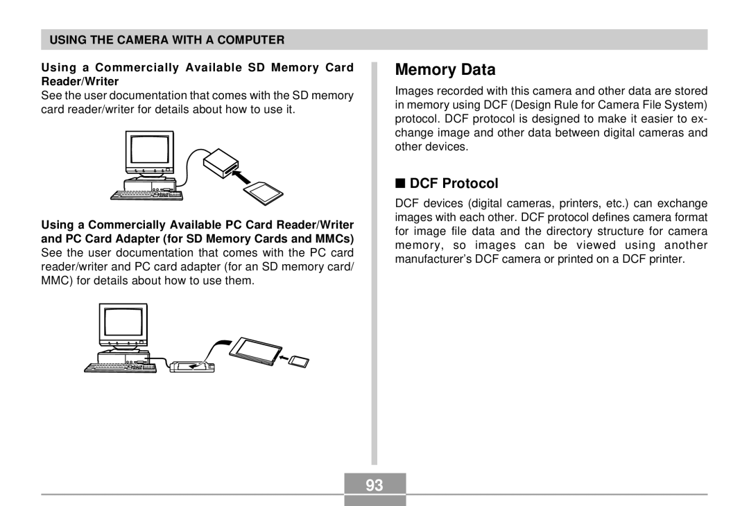 Casio EX-S2/EX-M2 manual Memory Data, DCF Protocol, Using a Commercially Available SD Memory Card Reader/Writer 