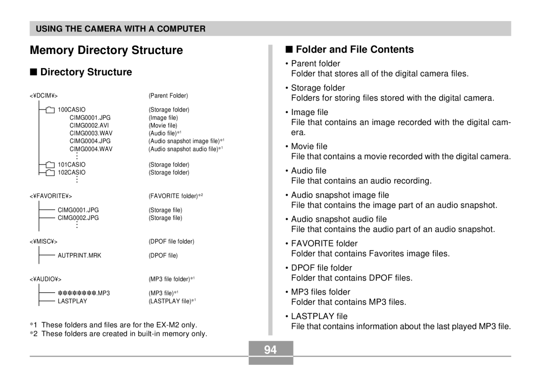 Casio EX-S2/EX-M2 manual Memory Directory Structure, Folder and File Contents 