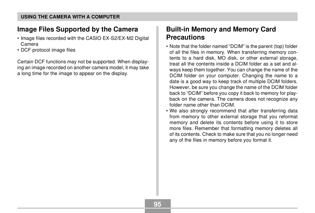 Casio EX-S2/EX-M2 manual Image Files Supported by the Camera, Built-in Memory and Memory Card Precautions 