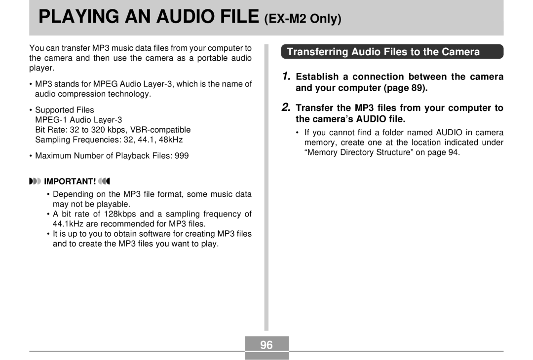 Casio EX-S2/EX-M2 manual Playing AN Audio File EX-M2 Only, Transferring Audio Files to the Camera 