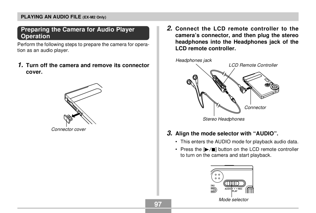 Casio EX-S2/EX-M2 manual Preparing the Camera for Audio Player Operation, Align the mode selector with Audio 