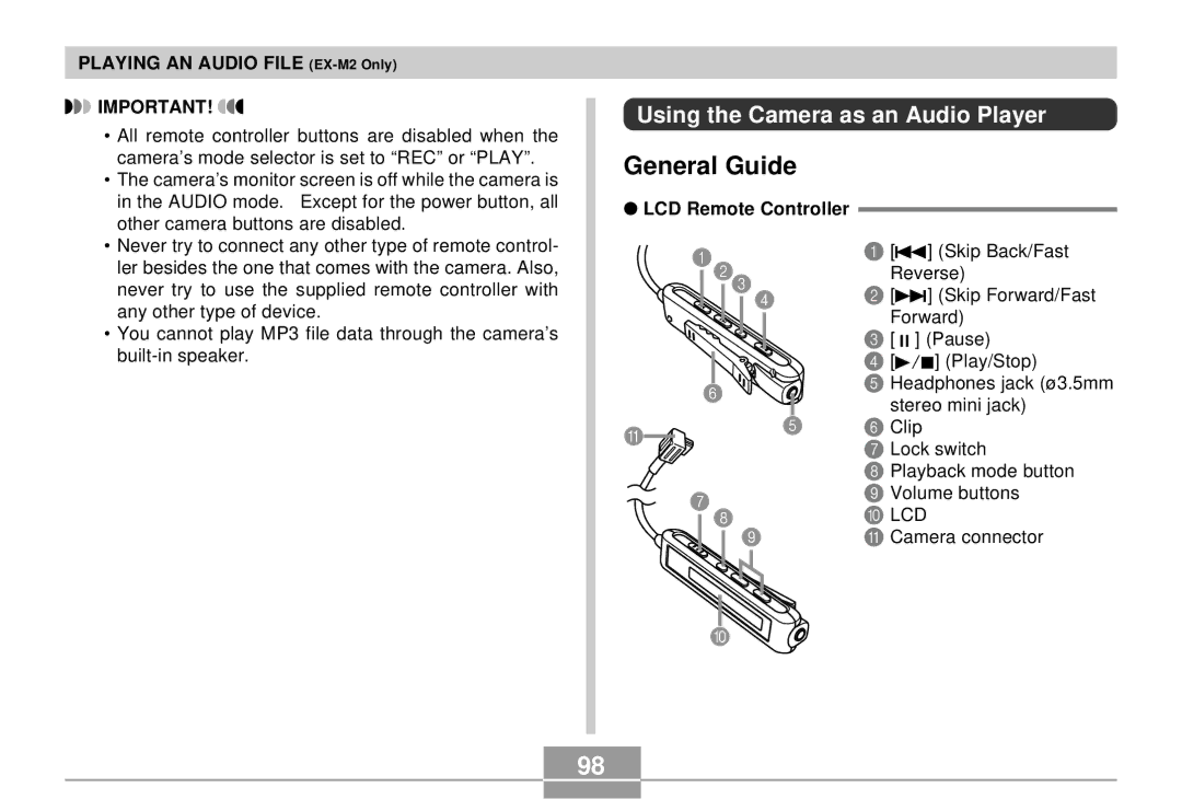 Casio EX-S2/EX-M2 manual General Guide, Using the Camera as an Audio Player, LCD Remote Controller 