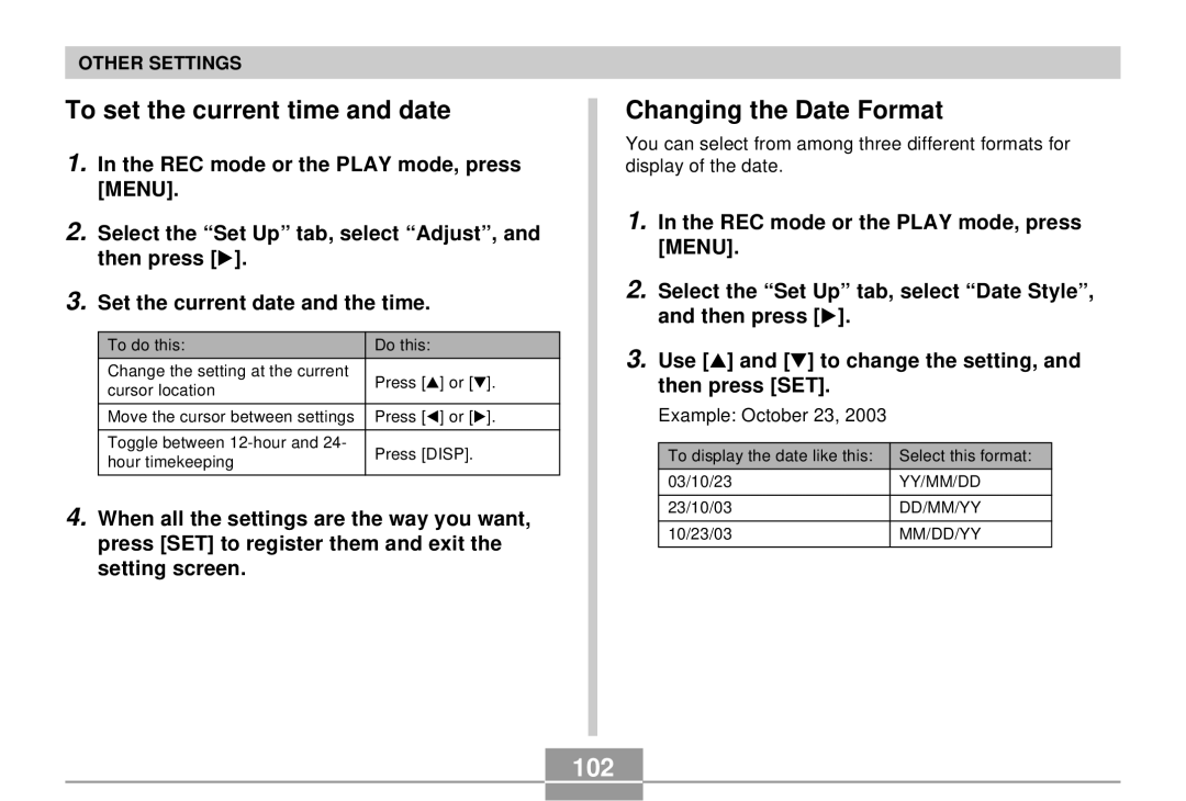 Casio EX-S3 manual To set the current time and date, Changing the Date Format, 102 