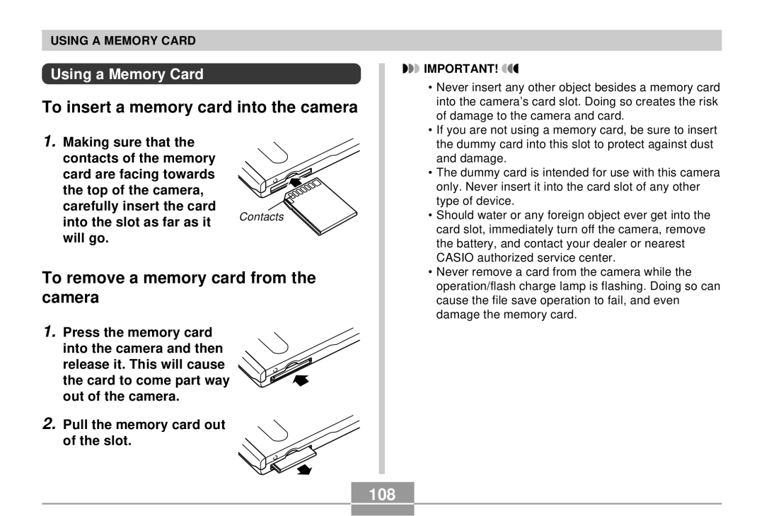 Casio EX-S3 To insert a memory card into the camera, To remove a memory card from the camera, 108, Using a Memory Card 