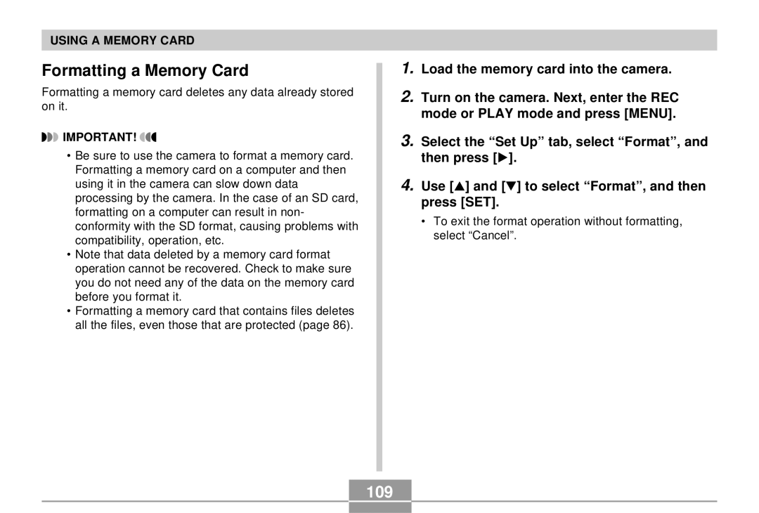 Casio EX-S3 manual Formatting a Memory Card, 109 