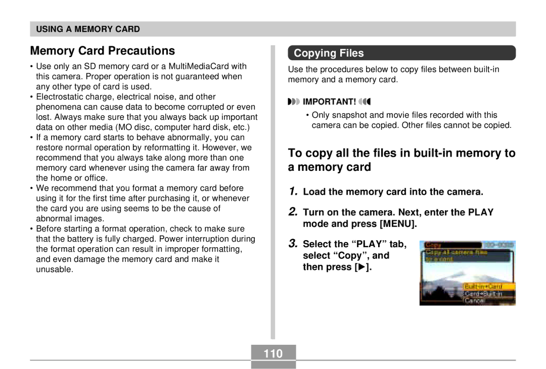 Casio EX-S3 manual Memory Card Precautions, To copy all the files in built-in memory to a memory card, 110, Copying Files 