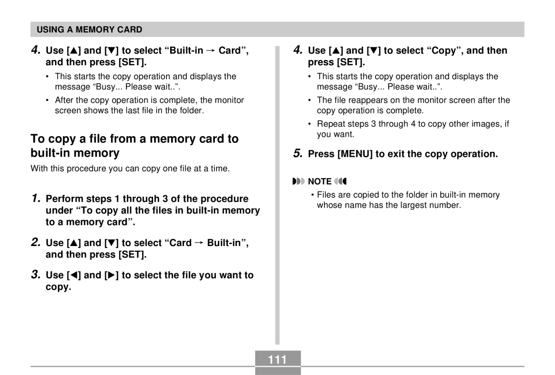 Casio EX-S3 To copy a file from a memory card to built-in memory, 111, Use and to select Built-in Card, and then press SET 