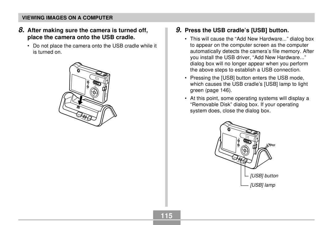 Casio EX-S3 manual 115, Press the USB cradle’s USB button 