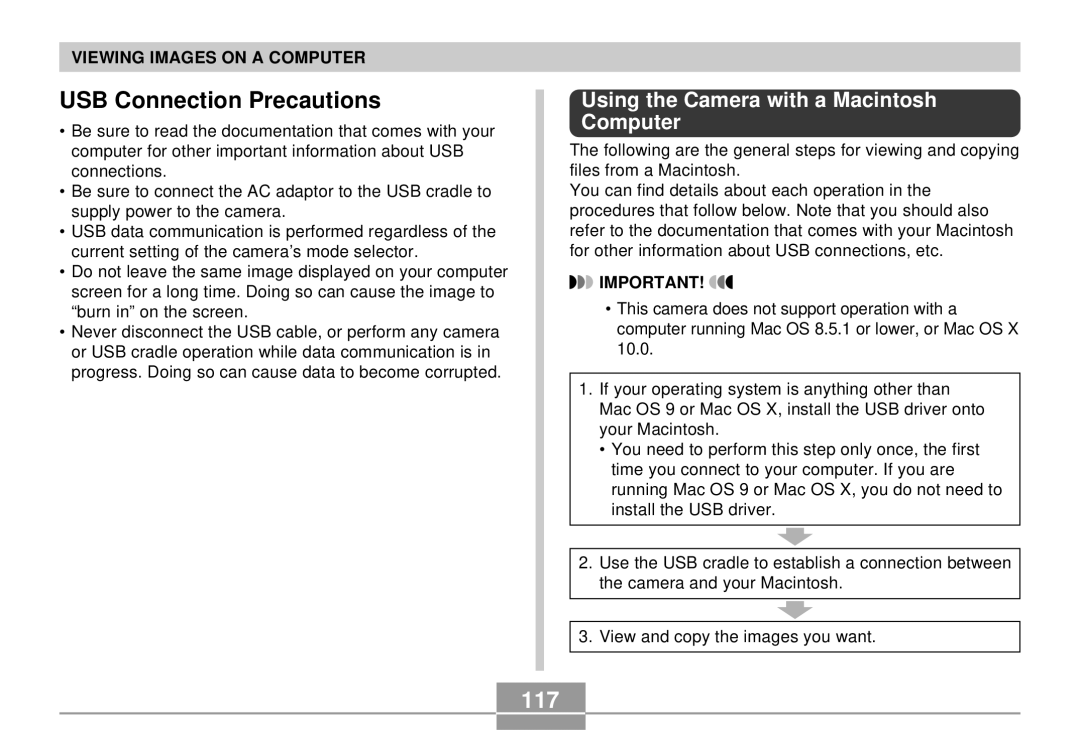 Casio EX-S3 manual USB Connection Precautions, 117, Using the Camera with a Macintosh Computer 