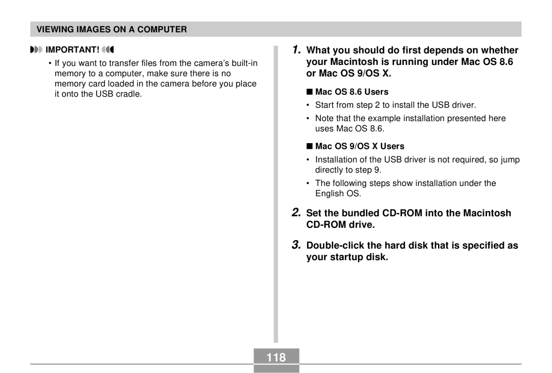 Casio EX-S3 manual 118, Mac OS 8.6 Users, Mac OS 9/OS X Users 