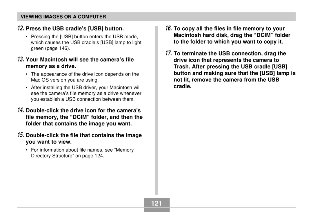 Casio EX-S3 manual 121, Your Macintosh will see the camera’s file memory as a drive 