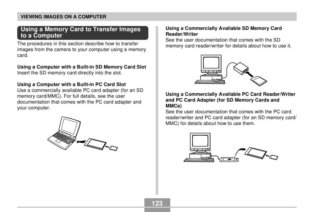 Casio EX-S3 manual 123, Using a Memory Card to Transfer Images to a Computer, Using a Computer with a Built-in PC Card Slot 