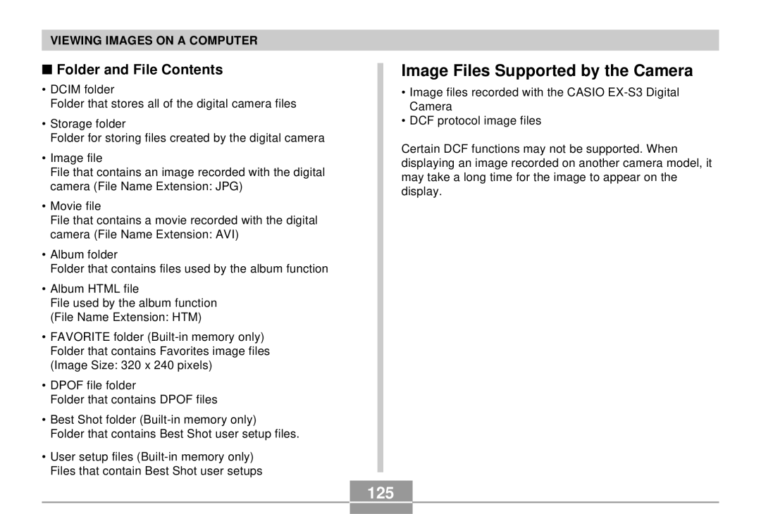 Casio EX-S3 manual Image Files Supported by the Camera, 125, Folder and File Contents 