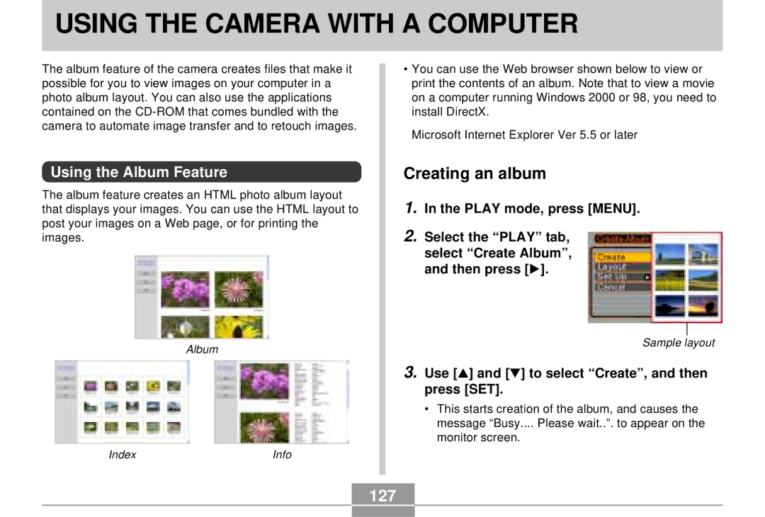 Casio EX-S3 manual Using the Camera with a Computer, Creating an album, 127, Using the Album Feature 